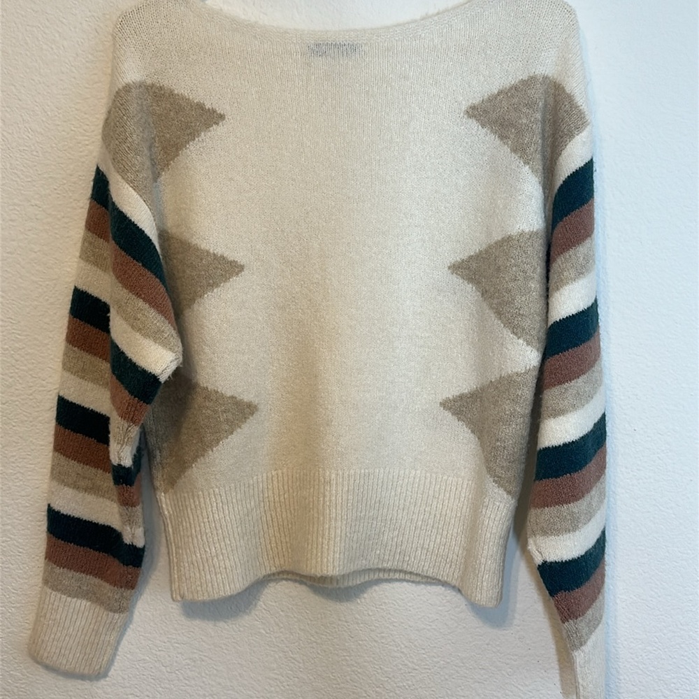 Madewell Stripe Sleeve Geo Pullover Cream Brown Green Boat Neck Sweater Size XXS - Picture 4 of 10